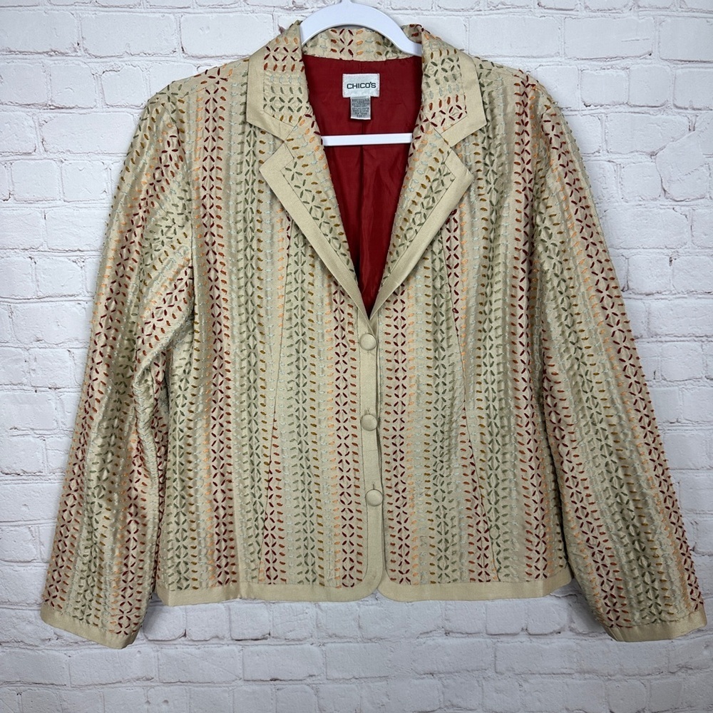 Chico's Sz 1 M Collar Jacket Blazer Multicolor Silk Abstract Sashiko Embroidered